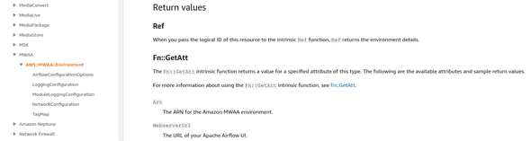AWS CloudFormation documentation for Amazon MWAA environment